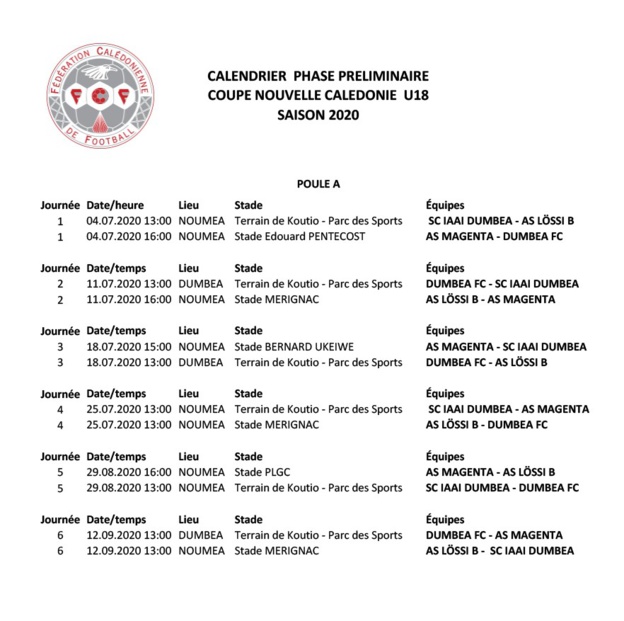 Place à la COUPE de CALEDONIE U18 / Football des Jeunes - Programme Place à la COUPE de CALEDONIE U18 / Football des Jeunes - Programme