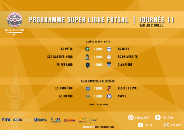 PROGRAMME fédéral du WEEK-END | SUPER LIGUE J11 - FUTSAL J11 + COUPE JEUNES et FEMININES PROGRAMME fédéral du WEEK-END | SUPER LIGUE J11 - FUTSAL J11 + COUPE JEUNES et FEMININES