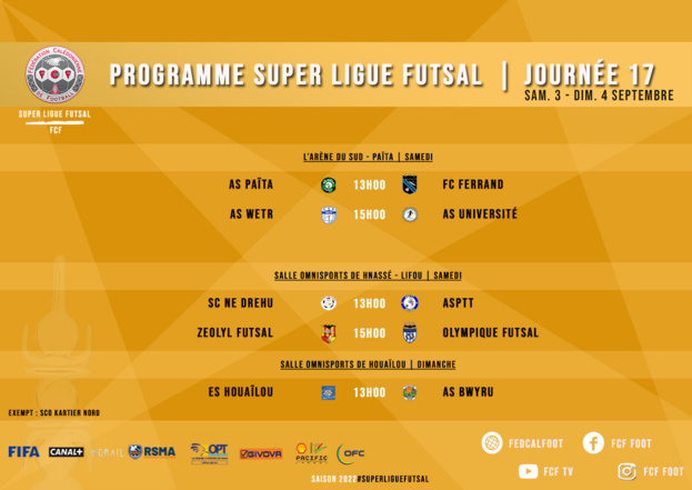 Programme fédéral du WEEK-END | SUPER LIGUE J16 et SUPER LIGUE FUTSAL J17 + U18 Fédéral et COUPE Féminines