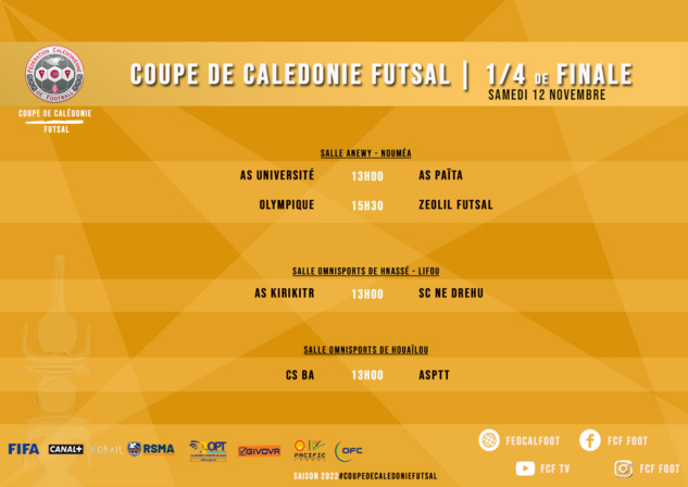 Résultats complets des 1/8èmes de finale + Programme 1/4 de finale | COUPE DE CALEDONIE FUTSAL