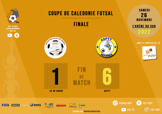 L'ASPTT remporte la COUPE et signe le doublé | FINALE - COUPE DE CALEDONIE FUTSAL (6-1) L'ASPTT remporte la COUPE et signe le doublé | FINALE - COUPE DE CALEDONIE FUTSAL (6-1)