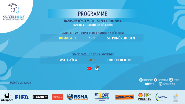 DUMBEA se maintient, GAÏCA et TRIO s'affronteront JEUDI MATIN | BARRAGES d'Accession (Programme - Résultats) DUMBEA se maintient, GAÏCA et TRIO s'affronteront JEUDI MATIN | BARRAGES d'Accession (Programme - Résultats)