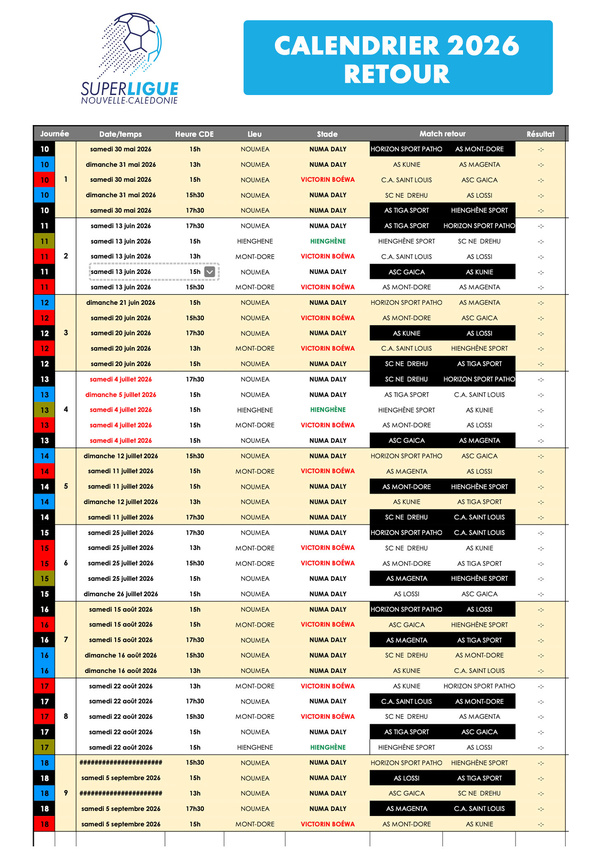 CALENDRIER 2026 | SUPER LIGUE CALENDRIER 2026 | SUPER LIGUE