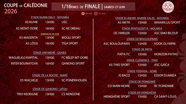 1/16èmes de finale de la COUPE DE CALÉDONIE = PROGRAMME COMPLET
