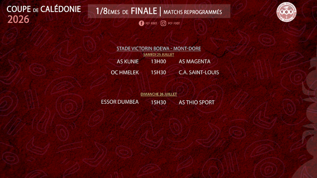 Coupe de Calédonie 2026 : les premiers qualifiés connus, trois rencontres reprogrammées ce week-end Coupe de Calédonie 2026 : les premiers qualifiés connus, trois rencontres reprogrammées ce week-end