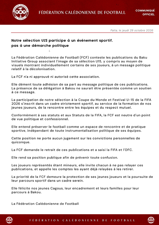 COMMUNIQUÉ FCF (officiel) : "Notre sélection U15 participe à un événement sportif,  pas à une démarche politique"