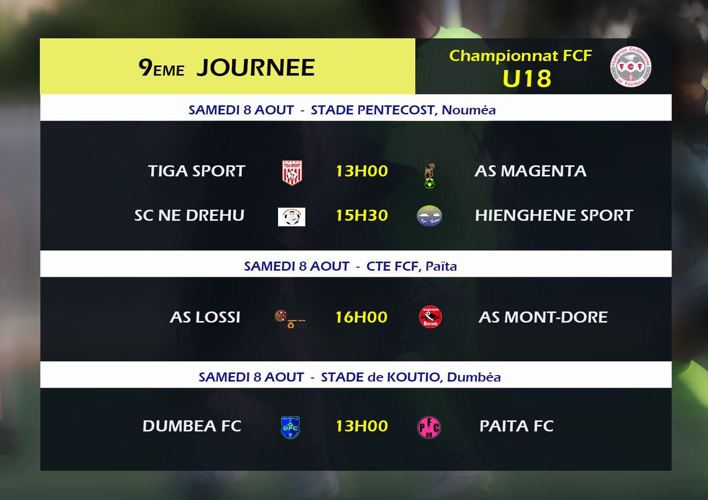 Championnat FCF U18 : Programme J9 (avancée) / Classement - Résultat (retard J1)