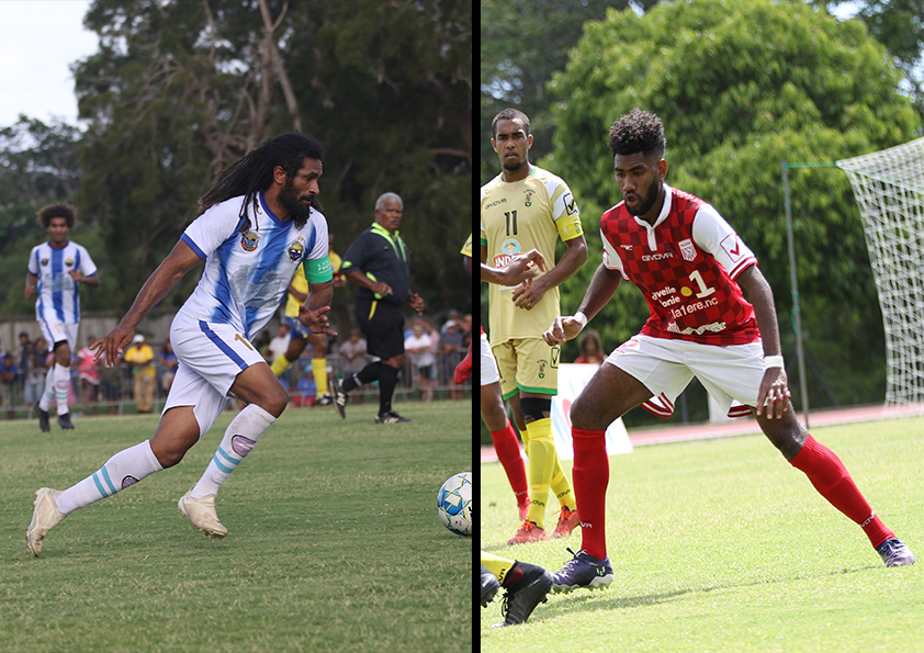 Le très expérimenté Bertrand KAI d'un côté, face au jeune et prometteur milieu de terrain de Tiga, Pierre BAKO. Photos matchs : Alain VARTANE