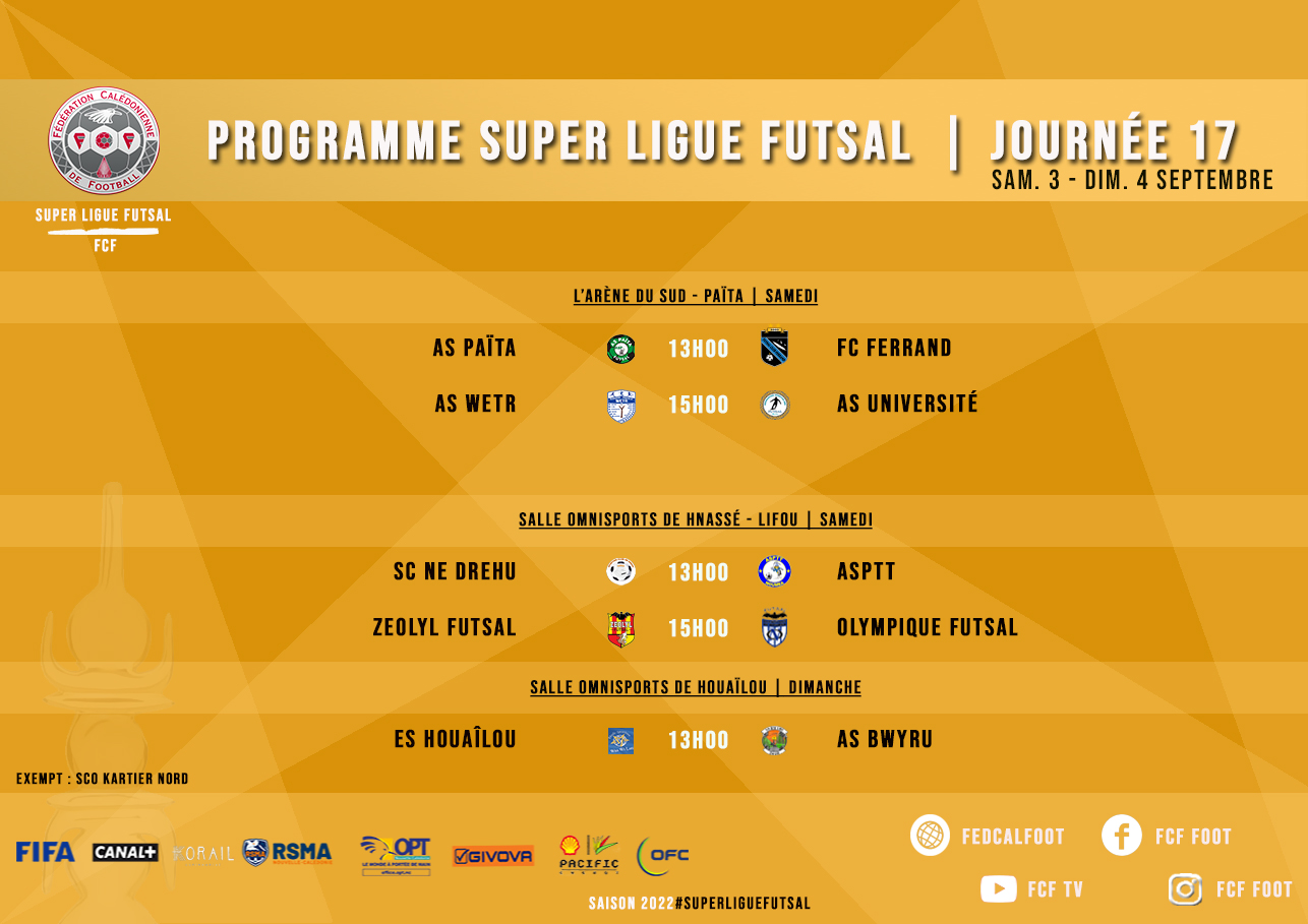 Programme fédéral du WEEK-END | SUPER LIGUE J16 et SUPER LIGUE FUTSAL J17 + U18 Fédéral et COUPE Féminines