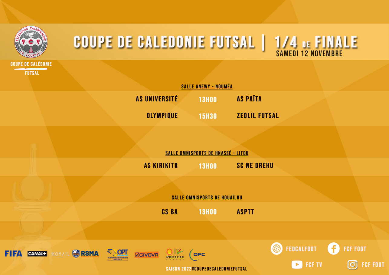 Résultats complets des 1/8èmes de finale + Programme 1/4 de finale | COUPE DE CALEDONIE FUTSAL