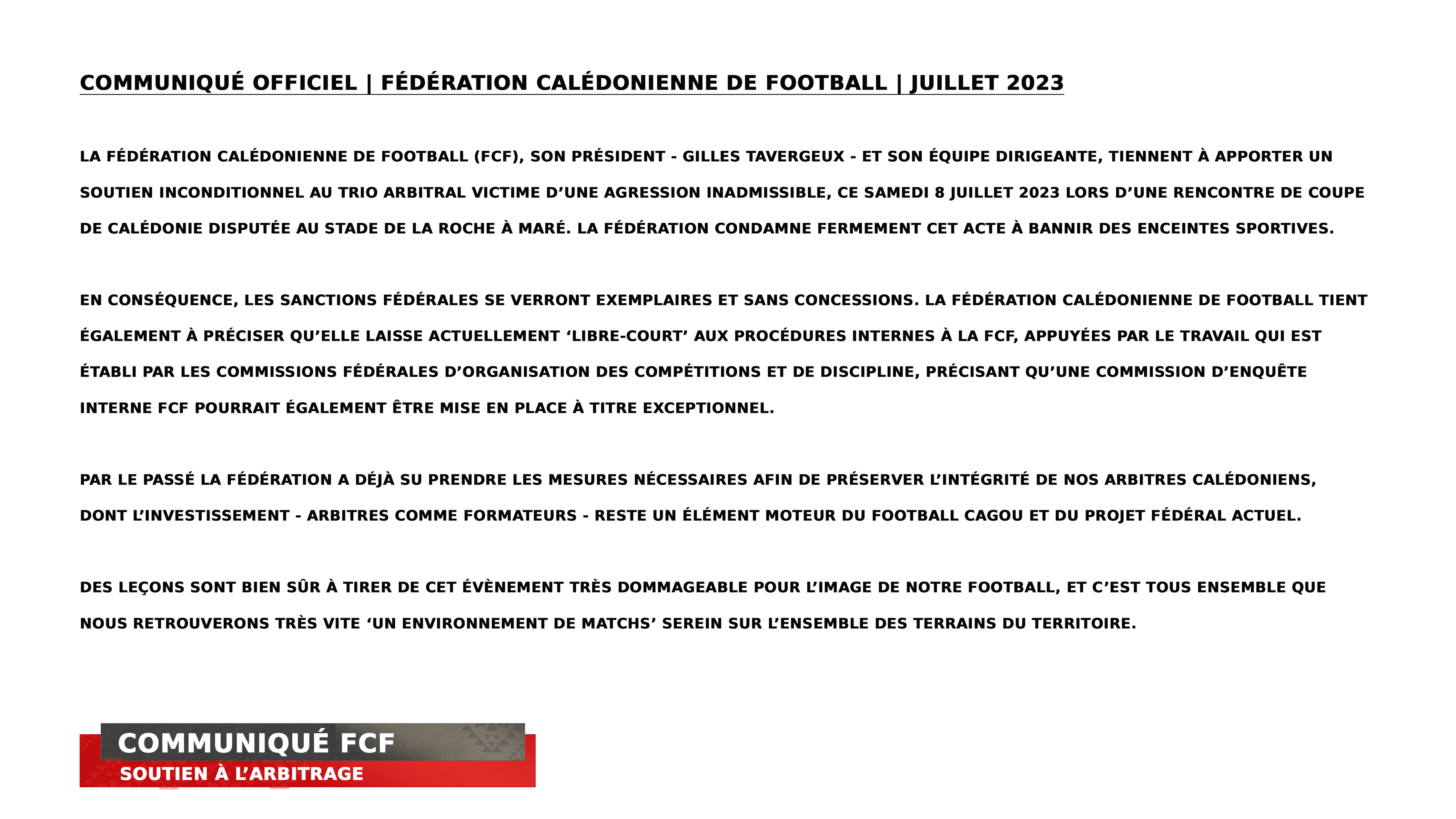 Communiqué officiel FCF | Soutien à l'Arbitrage 