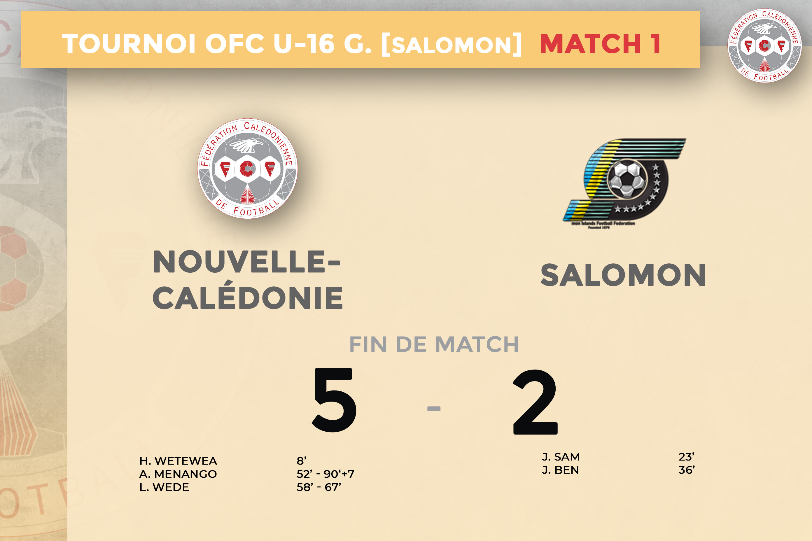Succès crucial des U16 calédoniens en ouverture (5-2) | Tournoi OFC - U16 [garçons] = NCL 5 -  2 SALOMON