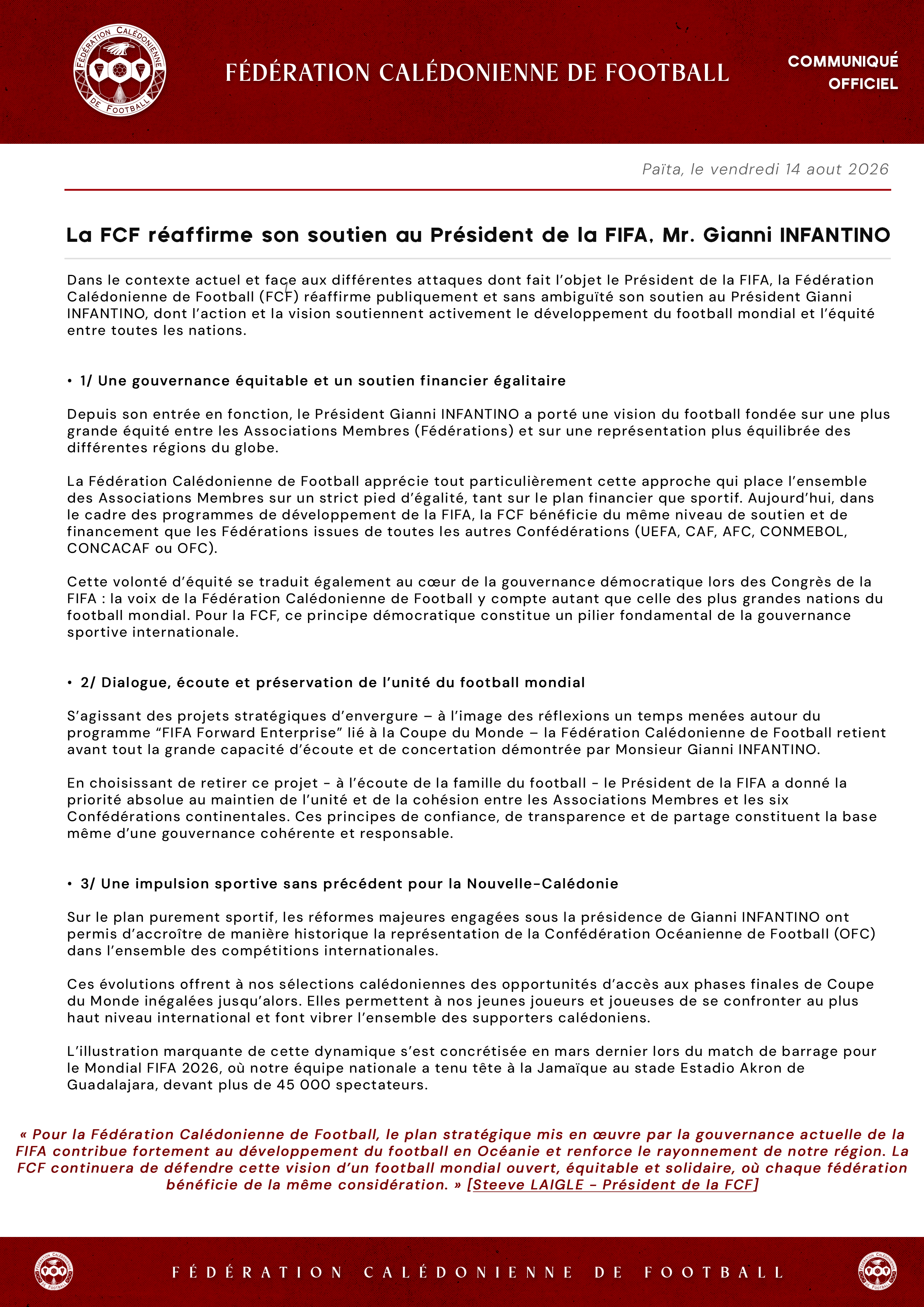La FCF réaffirme son soutien au Président de la FIFA, Mr. Gianni INFANTINO | FIFA - FCF