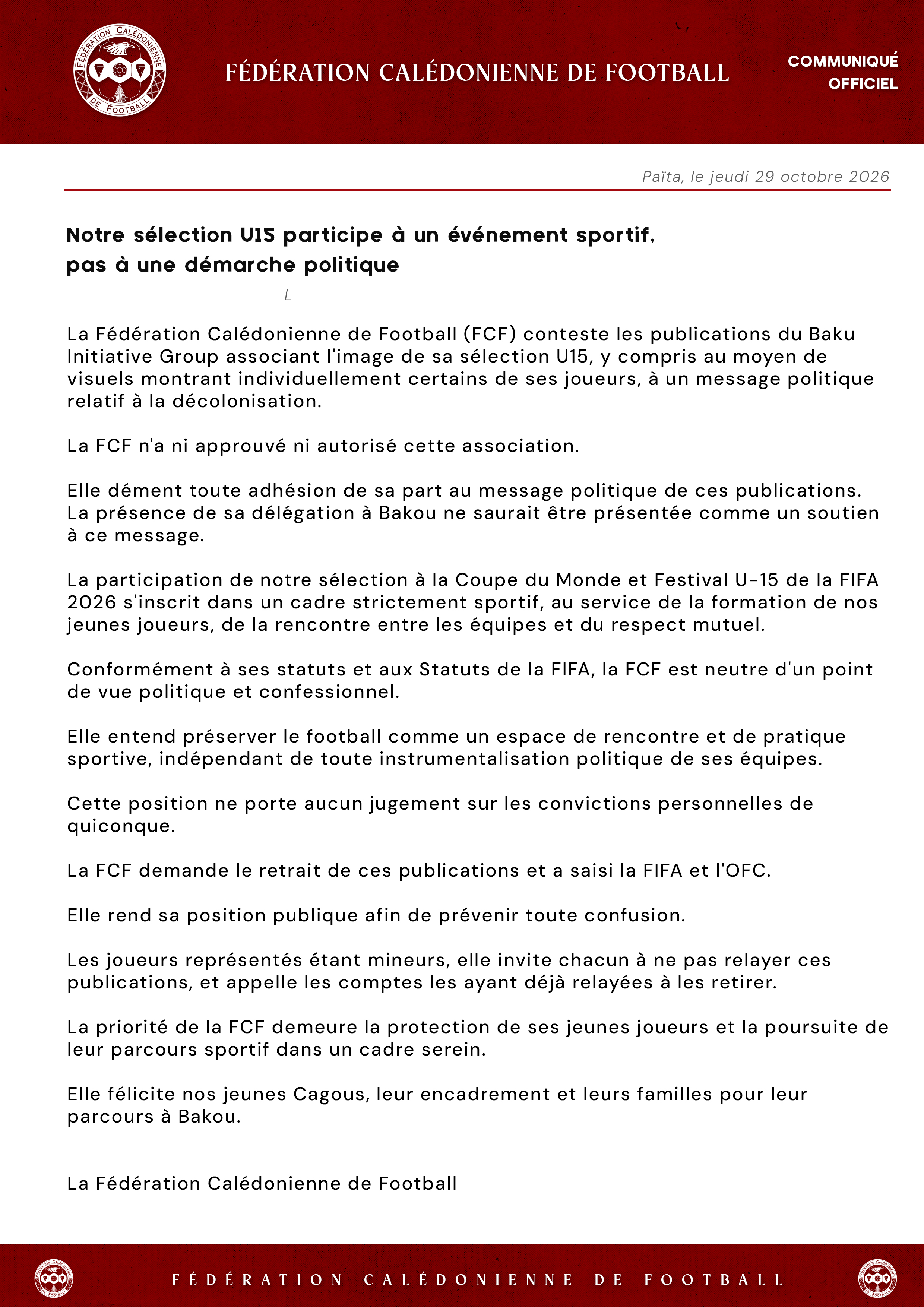 COMMUNIQUÉ FCF (officiel) : "Notre sélection U15 participe à un événement sportif,  pas à une démarche politique"